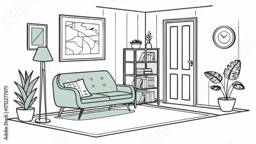 Modern living room interior design minimalist sofa plants bookshelf simple line art illustration.