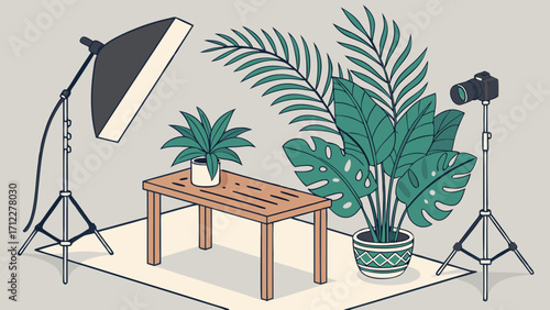 Studio Setup with Plants and Lighting Equipment for Product Photography.