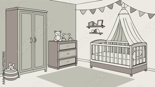 Nursery room interior design with crib dresser and wardrobe.