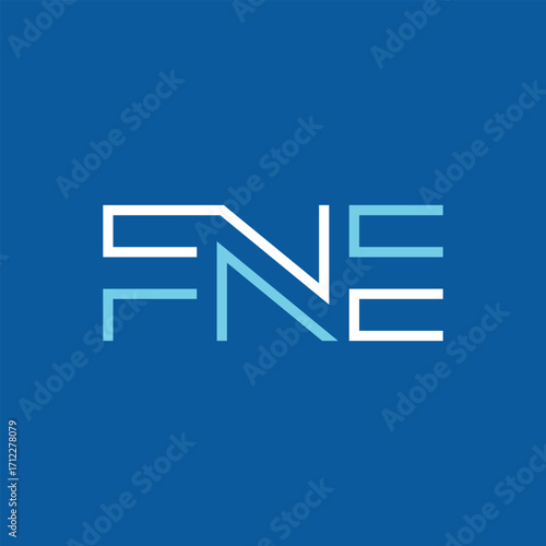The image shows a flat monogram logo design of initials FNE. The logo looks clean in blue and white color on a blue background.