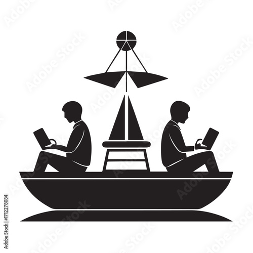 Two people sitting in a boat reading books, isolated on white background