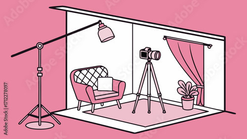 Studio Setup Photography Room Camera on Tripod Pink Room Home Studio Minimalist Design Armchair Lighting Equipment Photo Shoot Illustration Interior Design Flatlay Isometric View Crea.