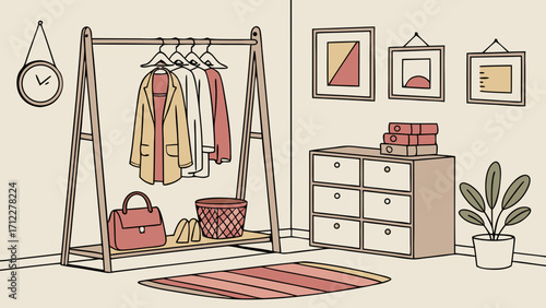 Stylish Home Interior Design with Clothing Rack Furniture and Decor Elements.