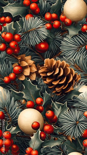 Holly Berries and Pinecones Seamless Pattern Design