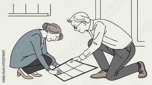 Two colleagues examining floor tiles interior design home renovation business partnership.