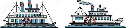 Two steamboats floating on water, showcasing vintage river travel with paddle wheels and smokestacks, evoking a sense of nostalgia and exploration.