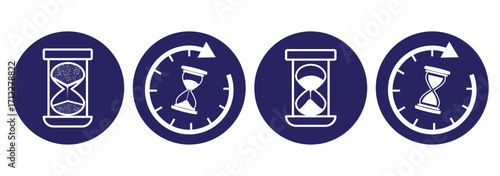 set of sand clock illustrations with varying frames and sand amounts. Hourglass shapes in multiple variations. Vector icon set of hourglasses with falling sand. Sand watch icon set. Hourglass symbol. 