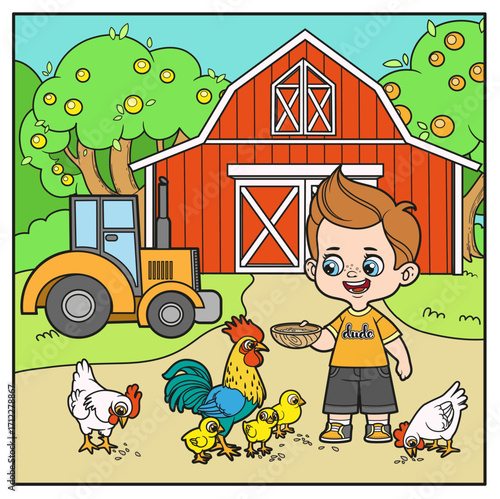Cute cartoon boy feeds feeds chickens and chicks with grains from a bowl on a farm background with large barn and tractor color