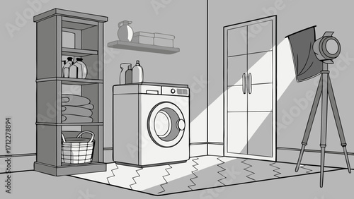 Utility Room with Washer Storage and Lighting Setup Illustration.