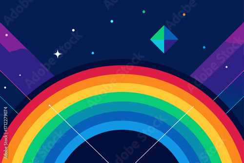 Colorful, abstract vector illustration of a rainbow pattern with bright, vibrant lines against a blue sky background