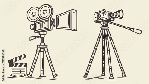 Vintage Movie Camera and Film Camera on Tripods with Clapperboard Illustration.