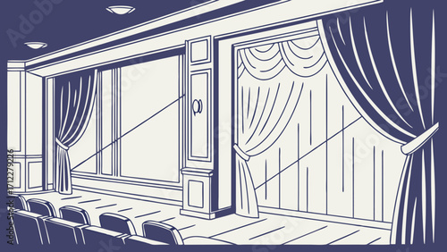 Vintage Theater Interior Movie Screen Stage Curtains Cinema Seating Auditorium Design Elegant Room Classic Decor Retro Style Drawing Illustration Vector Graphic Home Theater Luxury De.