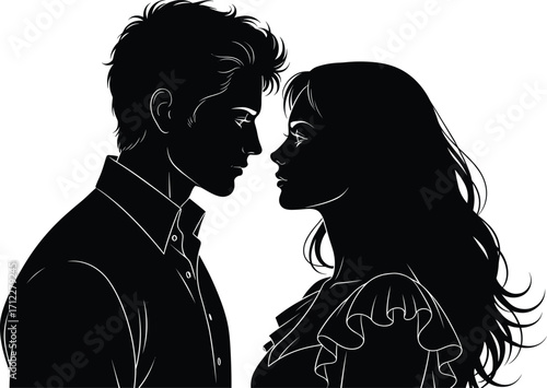 Romantic couple silhouette, emotional moment, black and white vector, intimate pose, dramatic love scene, artistic illustration, ruffled dress, tousled hair, stock art