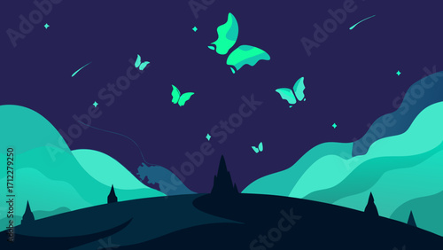 A blue underwater ocean landscape vector illustration of a shark and dolphin under the night sky with a moon and stars