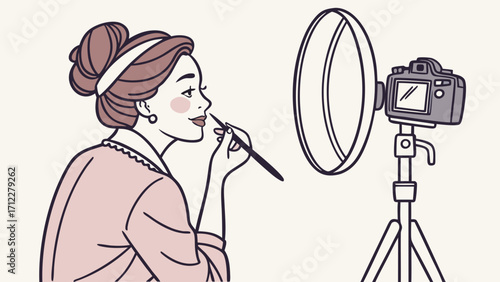Woman applying makeup in front of a camera on a tripod.