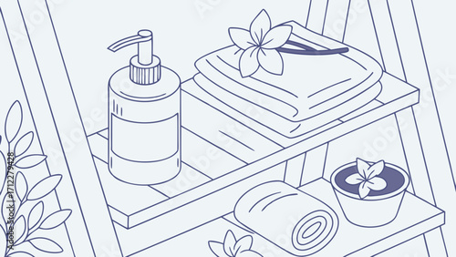 Spa products towels and plants on a shelf illustration minimalist line art design.