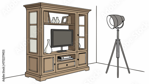 Wooden entertainment center with TV and studio light home interior design illustration.