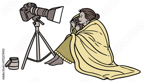 Woman Wrapped in Blanket Posing for Photography Session with DSLR Camera and Lighting Setup.