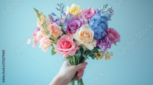 A vibrant bouquet of various flowers, held by a hand against a soft blue background, showcasing colors and textures.