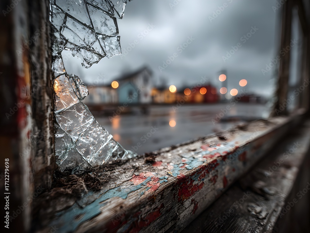 Obraz premium Poignant, atmospheric photograph from inside a derelict building, looking through a shattered window at a bleak, overcast urban scene.