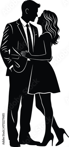 Romantic couple silhouette, man in suit, woman in dress, intimate pose, love moment, vector illustration, black shape, stock art, relationship theme