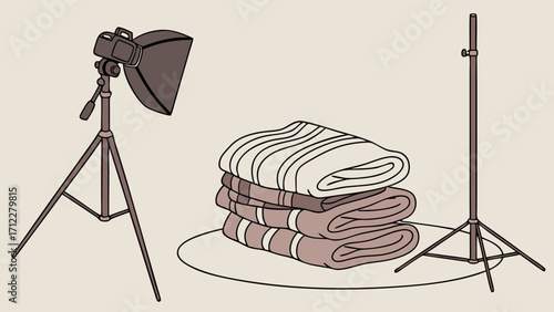 Studio lighting setup with rolled textiles on tripod stand product photography e-commerce illustration.