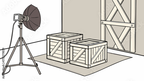 Studio Lighting Setup with Wooden Crates and Barn Door Background.