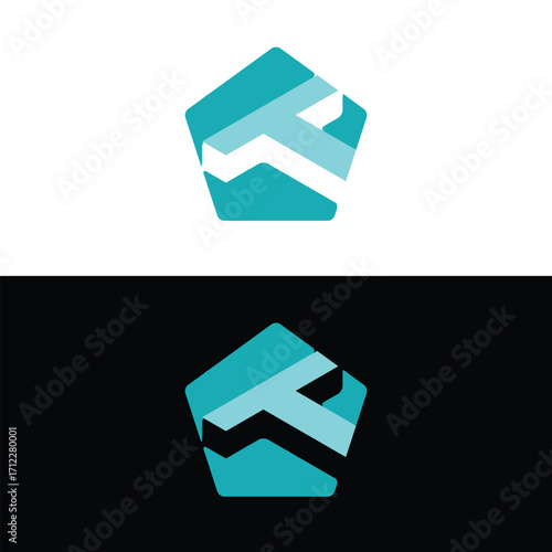 The image shows a flat logo design of an initial T in 3D inside a pentagonal shape.  It looks nice in aqua color.