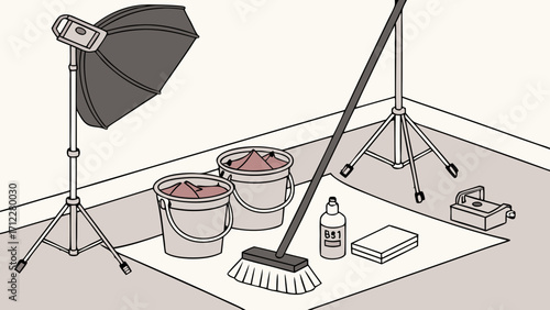Studio Photography Setup Lighting Equipment Cleaning Supplies Photo Shoot Preparation Isometric Illustration.