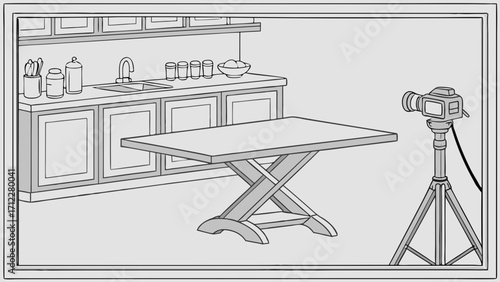 Studio Setup Camera on Tripod Table in Kitchen Setting for Product Photography or Food Blogging.