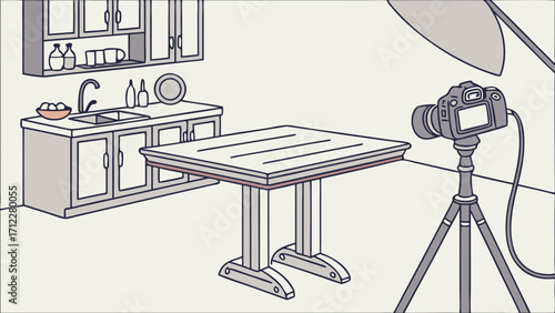Studio Setup for Food Photography DSLR Camera on Tripod with Lighting and Kitchen Background.