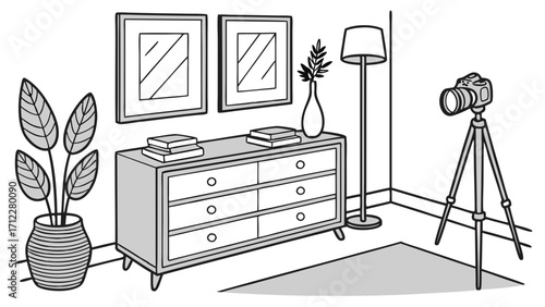 Studio Setup with Camera on Tripod Home Decor Interior Design Illustration.