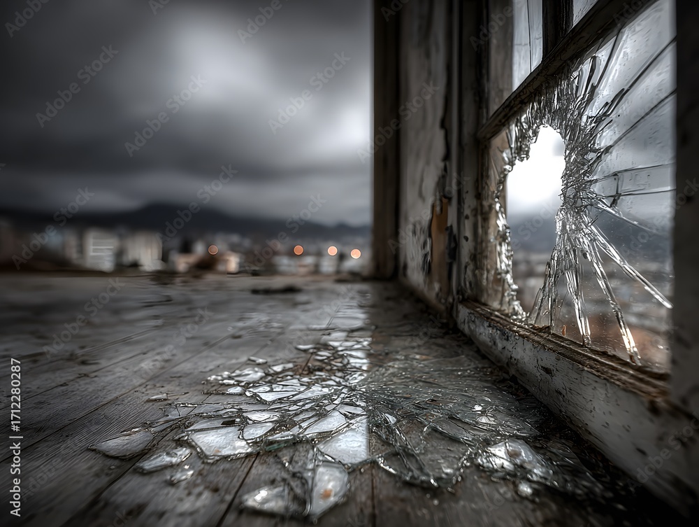 Obraz premium Poignant, atmospheric photograph from inside a derelict building, looking through a shattered window at a bleak, overcast urban scene.