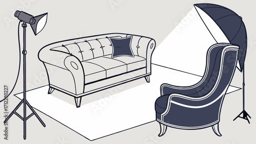 Studio Setup with Sofa and Armchair Lighting Equipment for Product Photography or Interior Design Illustration.