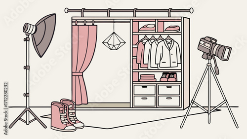 Studio setup with wardrobe lighting and camera equipment for fashion photography or videography.