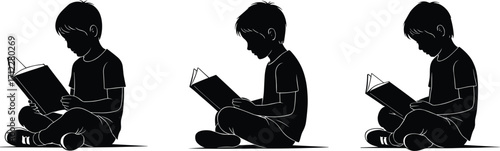 Silhouette children reading books, sitting cross-legged, side profile, educational vector illustration, black and white, concentration, literacy, school, learning, study