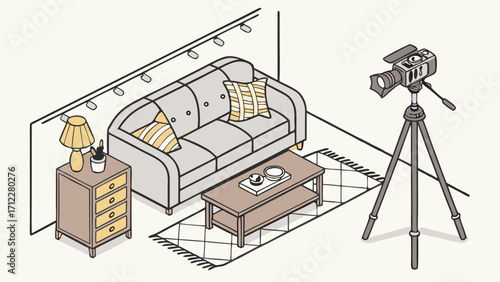 Studio Setup Video Production Home Recording Isometric Illustration Camera on Tripod Sofa Interior Design Filmmaking Broadcasting Live Stream Content Creation Home Office Video Blog.