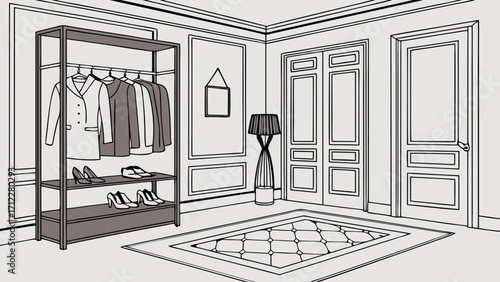 Stylish Clothing Rack and Shoe Storage in Elegant Interior Design Illustration.