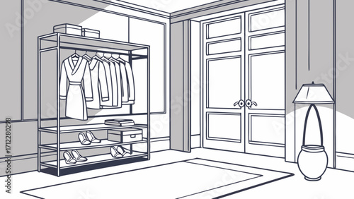 Stylish Clothing and Shoe Rack in a Modern Interior Design Illustration.
