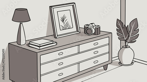 Stylish Home Interior Design with Desk Lamp Camera and Plant Illustration.