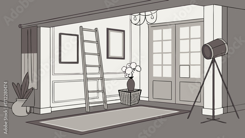 Stylish Interior Design Hallway with Ladder Plants and Floor Lamp Illustration.