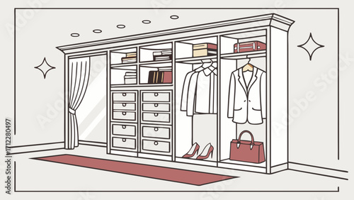 Stylish Walk-in Closet Interior Design Illustration Organized Wardrobe with Clothing Shoes and Accessories.