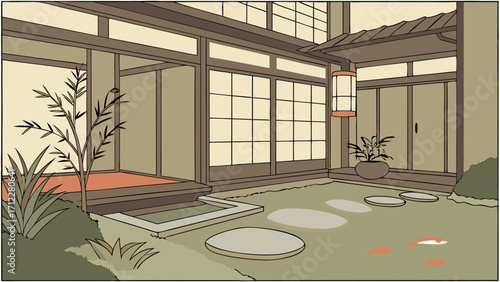 Tranquil Asian-Style House Exterior with Garden and Koi Pond Illustration.