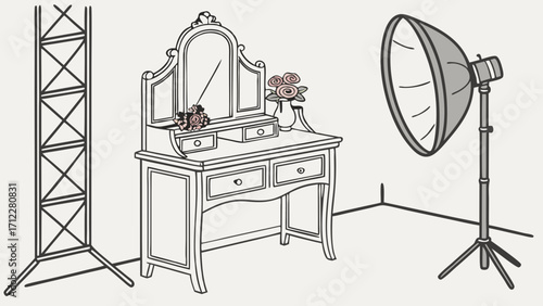 Vintage Dressing Table with Mirror and Studio Lighting Setup for Photography or Design Projects.
