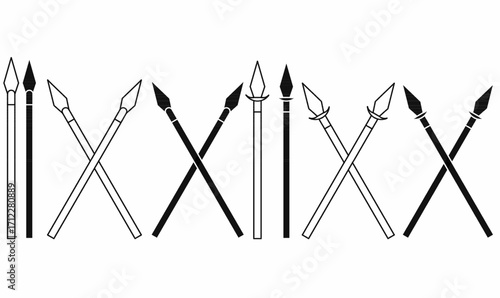 Spear icon set in outline, silhouette and crossed style. Traditional weapon with sharp blade and wooden shaft, tribal hunting tool symbol for history, warrior, battle, and culture design