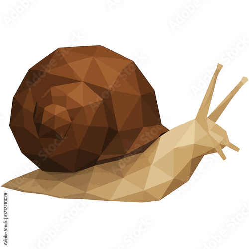A polygonal low poly snail illustration with a brown shell and beige body.