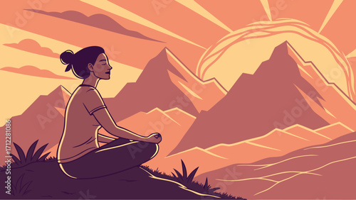 Woman meditating in mountains at sunset peaceful nature scene yoga mindfulness serenity spiritual wellness calm relaxation illustration.