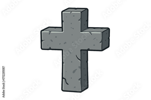 Stone cross vector illustration. Christian religion symbol of faith. Cartoon gravestone for cemetery. Tombstone icon for Halloween. Easter crucifix monument. Religious funeral.