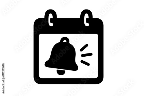 Reminder icon concept. Calendar with ringing bell symbol for scheduled appointments and events. Date alert silhouette for web design. Deadline notification vector graphic.