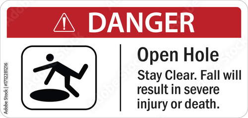 Open hole hazard sign and labels stay clear, fall will result in severe injury or death  sign logo, icon, sticker, label, symbol, black, line, flat vector, isolated illustration.